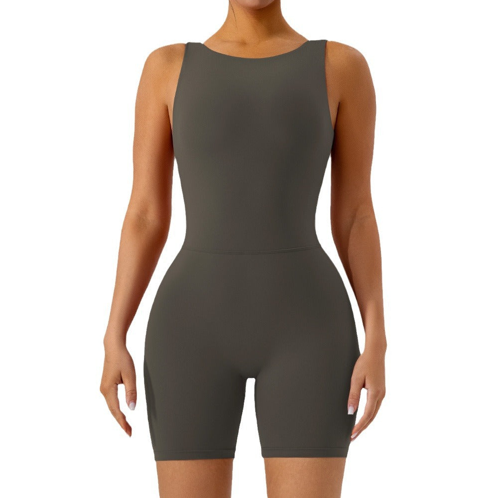 Nude Feel Hollow-out Beauty Back Yoga Jumpsuit Shorts For Women