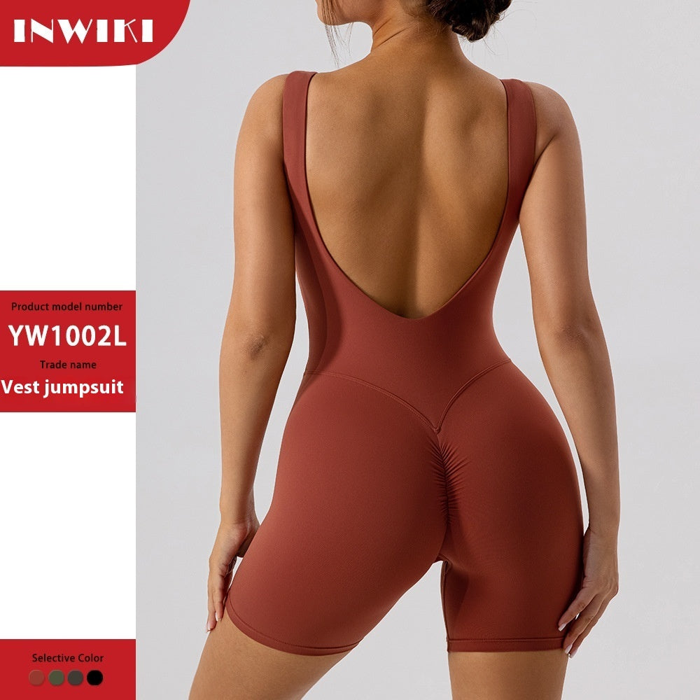 Nude Feel Hollow-out Beauty Back Yoga Jumpsuit Shorts For Women