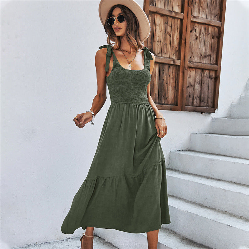 Women Summer Splicing Strap Solid Black Dress