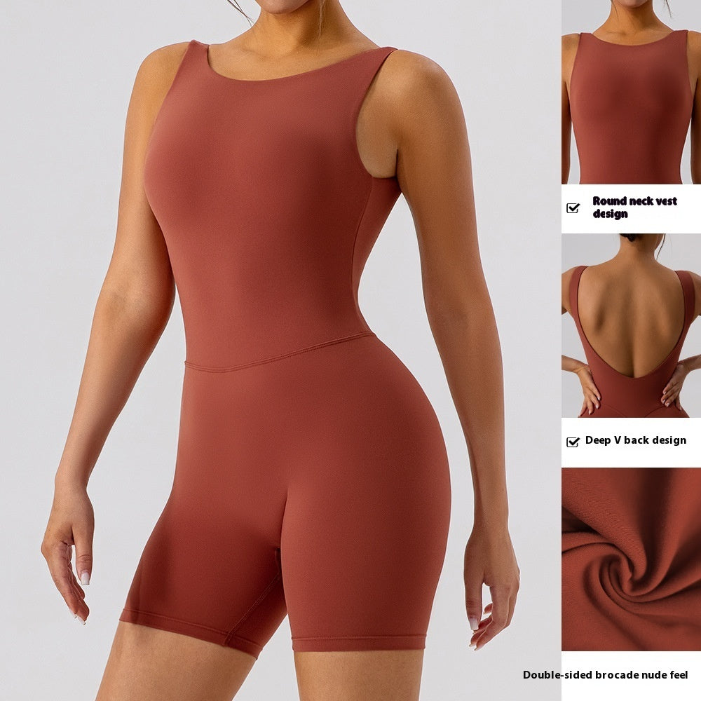 Nude Feel Hollow-out Beauty Back Yoga Jumpsuit Shorts For Women