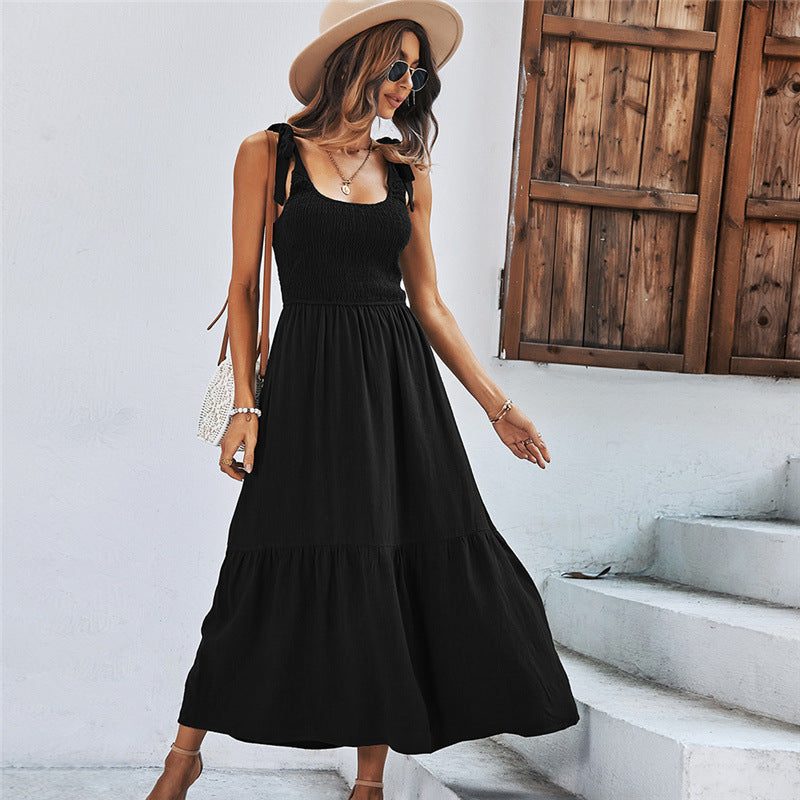 Women Summer Splicing Strap Solid Black Dress